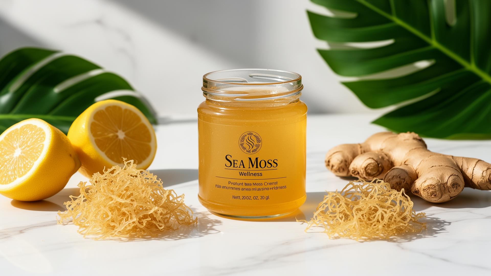 Premium sea moss jar surrounded by fresh natural ingredients